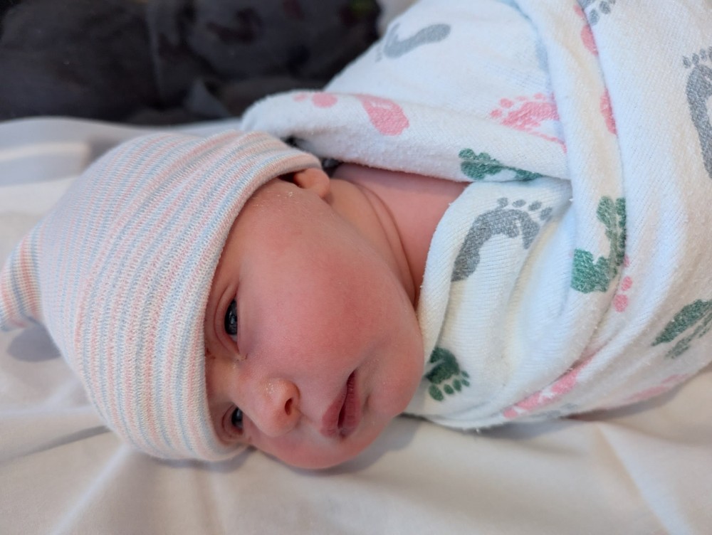 newborn baby in swaddle and stocking hat